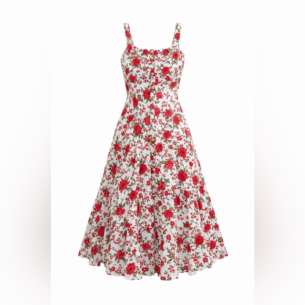 Alexis White Red Rose Embroidered Button Front Midi Dress Cottagecore
